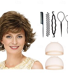 economico -Parrucca di Lunghezza Media Colorami Bella WhisperLite Parrucca con Belle Onde a Strati di Lunghezza Media e Elegantissimi Frange Sottile con 2PCS Cappello Parrucca HD e Set di Strumenti per