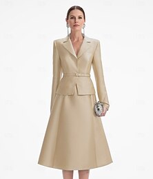economico -Abito Blazer Due Pezzi A-Line Abito Smoking Elegante Collo a V Lunghezza Tè in Seta Maniche Lunghe con Abiti a Colore Solido
