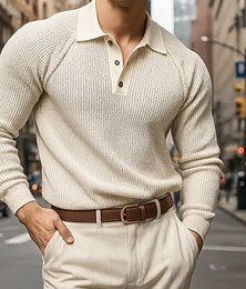 cheap -Men's Polo Shirts Rib Knit Top Business Casual Ribbed Polo Collar Long Sleeve Fashion Basic Solid Color Textured Knitting Fall Winter Regular Fit Beige Polo Shirts