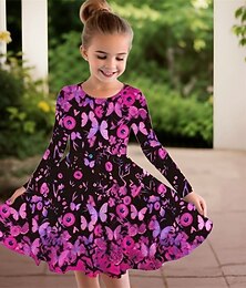 abordables -FILLE 3D Papillon Robe manche longue Été Printemps Vacances Quotidien Fête Princesse Beau Doux Enfants 4-12 ans Robe Décontractée Robe trapèze Mi-long Coupe régulière