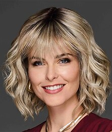 abordables -Perruque courte blonde pour femme avec frange, cheveux synthétiques réalistes et naturels, coupe ondulée résistante à la chaleur, racines foncées, élégante, à porter au quotidien