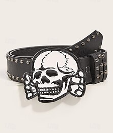economico -Cintura da donna con teschio di Halloween – cintura in similpelle punk rock con design borchiato e fibbia a scheletro per feste in maschera e abiti gotici