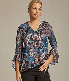 abordables -Femmes Chemise Bohème Chemisier Paisley ancien Élégant Occasionnel manche longue Col en V Hauts Réguliers robe demoiselle d honneur Travail Quotidien A Volants bleu marine Été Printemps Automne