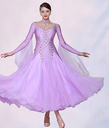 abordables -Robe de danse de salon à manches longues pour femme, tenue de danse moderne avec cristaux et strass
