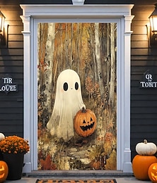 abordables -Housse de porte d'Halloween avec un fantôme mignon et une citrouille - Décoration de maison hantée de forêt d'automne pour porte d'entrée, fête de bonbons ou de friandises en plein air 2025 décoration