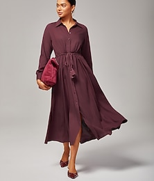 abordables -Robe longue décontractée style bohème pour femme, taille mi-haute, couleur vin rouge, lyocell, confortable, respirante, ceinture réglable