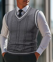 preiswerte -Herren Pullover Pullunder Weste Gerippt Stricken Normale Oberteile Gestrickt Schmale Passform Einfach V Ausschnitt Strickware Zeitgenössisch Lässig Alltagskleidung Bekleidung Herbst Schwarz Weiß L XL
