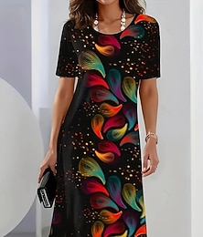 economico -Abito midi elegante da donna per feste serali con scollo tondo e maniche corte abito a trapezio stile casual boho vestibilità regolare grafica floreale ombre nera estate primavera autunno