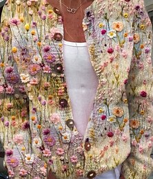 abordables -Cardigan Femme Tricoté Ridé Boutonné Devant Col Rond Manches Longues Léger Femme Mode Quotidien Décontracté Floral Graphique Boutons Imprimé Tricot Extérieur Quotidien Rendez-vous Noir Orange Automne
