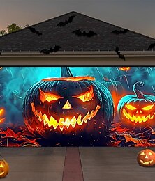 abordables -Couverture de porte de garage d'Halloween, bannière de lanterne de citrouille maléfique, tapisserie de fond de visage de lanterne de Jack O'Lantern lumineuse pour décoration murale ou de clôture