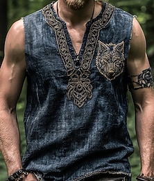 halpa -Miesten Hihaton Liivin toppi Aluspaita Hihaton paita Hihaton V kaula-aukko Kesä Susi Vintage Suunnittelija Perus Painettu Loma Katu Bile Musta Sininen Top T-paita miehille