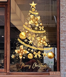 preiswerte -Weihnachts-Fensteraufkleber, Weihnachts-Wandaufkleber-Set, Weihnachtsdekoration, goldener Weihnachtsbaum, Ballon, statisch haftend, wiederverwendbar, nicht klebend, festliche Fensterdekoration für