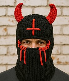 levne -Pánská pletená kukla na lyže s motivem halloweenské ďábelské rohoviny — silná teplá celoobličejová maska, strečový úplet v gotickém stylu pro dospělé, cosplay, kostýmní večírky, festivaly a zimní streetwear