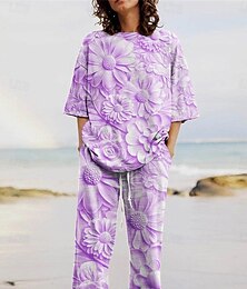 economico -Per donna Attivo Moda Set di Pantaloni Manica 3/4 Girocollo Floreale Stampato Vacanza Quotidiano Ferie Blu Viola Cachi Estate Vestibilità regolare