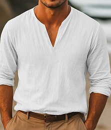 economico -Per uomo Camicia Camicia di lino Camicia Estiva Camicia da Spiaggia Tinta unica Vacanza Casuale Nero Bianco Verde Cachi Manica Lunga Scollo a V Estate Primavera Abbigliamento Base