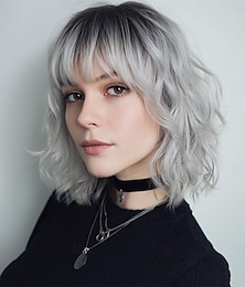 economico -parrucche corte argentate per donne, parrucca bob ondulata grigia sfumata con frangia, capelli sintetici di media lunghezza, parrucca con radici scure e onde d'acqua, parrucche grigie colorate