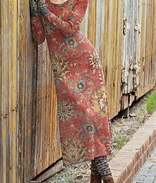 ieftine -Pentru femei Rochii Midi Rochie teacă Rochii Tricou Casual Boho Zilnic Concediu Fit regulat Grafic Geometric Manșon Lung Stil Nautic Roșu-aprins Vișiniu Trifoi Curcubeu Toamnă Iarnă