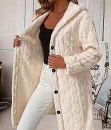 abordables -Mujer Abrigo Abrigo de piel sintética Mantiene abrigado Cómodo Botones Casual Plano Exterior Ropa Cotidiana Noche Casual Diario Botonadura Simple Largo Con Capucha Ajuste regular Manga Larga Ropa de