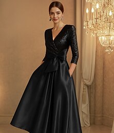 preiswerte -Cocktailkleider mit schwarzer Krawatte, A-Linie, Pailletten, elegantes Kleid für formelle Hochzeiten, knielang, 3/4-Ärmel, V-Ausschnitt, Stretch-Satin mit Schleife(n) 2025