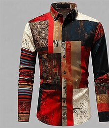 preiswerte -Herren Farbblock Patchwork Hemd Knopfhemd Langarm Vintage-Retro Outdoor Täglich Streetwear Frühling Herbst Umlegekragen 3D-Druck Eine Tasche vorne Leinenähnliches Hemd Rote Blau Purpur Orange Grün