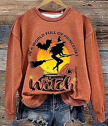 abordables -Pull Sweat Femme Halloween Imprimé Sorcière Graphique Mode Décontractée Manches Longues Col Ras du Cou Tops Standards Casual Imprimé Orange Vert Beige Gris Automne Hiver