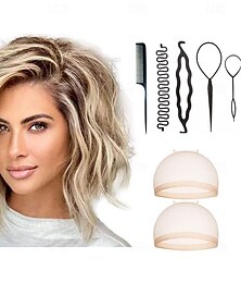 abordables -Perruques ondulées douces de longueur moyenne perruques synthétiques d'apparence naturelle pour dames perruque cosplay quotidienne avec 2PCS capuchon de perruque HD et ensemble d'outils de coiffure