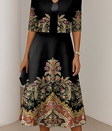 abordables -Femmes Robe Ensemble Robe trapèze Robe d'été Élégant Occasionnel A Ombre Graphique Imprimé Robe Midi Demi Manches Col en V Formel Vacances Jaune Rouge Bleu Printemps Automne Coupe régulière