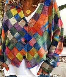 abordables -Pull cardigan pour femmes en tricot avec boutons à l'avant col en V manches longues léger élégant mode streetwear graphique floral géométrique patchwork impression avec boutons tricot extérieur