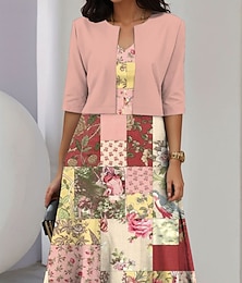 economico -Per donna Insieme del vestito Abito a trapezio Abito Midi Elegante Casual Floreale Grafico Patchwork Stampato Abito Midi Mezza Manica Girocollo Vacanza Data Rosa Blu Viola Estate Primavera