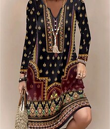 abordables -Femmes Robe Midi Robe Tricot Robe Décontractée Robe trapèze Robe d'été Bohème ancien Coupe régulière Fleuri Graphique manche longue Col en V Noir Printemps Automne Hiver
