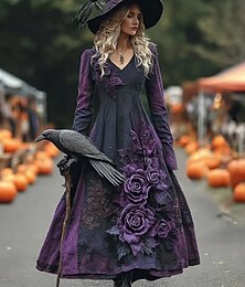economico -Halloween Per donna Abito maxi Abito a trapezio Vacanza Casual Boho Spiaggia Vestibilità regolare Floreale Grafico Manica Lunga Scollo a V Viola scuro Nero Rosa Vino Primavera Autunno