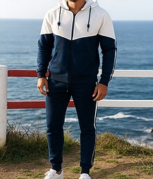 お買い得  -男性用 トラックスーツ ジョギングスーツ スウェットスーツセット 秋冬 ジッパーを閉める フード付き カラーブロック スーツウェア ブラック アーミーグリーン 屋外 トラベル スポーツ 長袖 スポーツ アクティブウェア マイクロエラスティック レギュラー