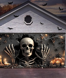 abordables -Halloween Couverture de porte de garage Grande suspension Squelette Faucheuse Punk gothique sombre Soirée Outdoor Arrière-plans de prise de vue Yard Maison hantée Décorations murales, porte