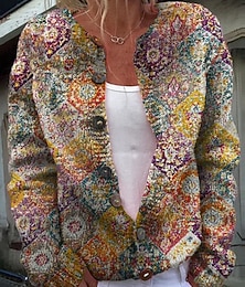 abordables -Femmes Cardigan Vacances Quotidien Fleuri Côtelé Col ras du cou Boutons Imprimé manche longue Hauts Réguliers Tricoter Extérieur Quotidien Fête Blanche Bleu Automne Hiver