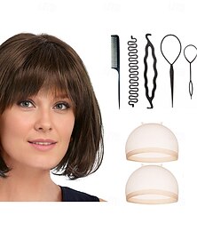 abordables -Perruque bob avec un sommet naturel et des franges coquines  Teintes multicolores de blond argent brun et rouge avec 2PCS capuchon de perruque HD et ensemble d'outils de coiffure