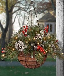 abordables -panier suspendu artificiel de Noël avec pommes de pin dorées et baies rouges &fleurs blanches parfaites pour la porte d'entrée intérieure/extérieure, le mur, la fenêtre, la pelouse, la décoration de