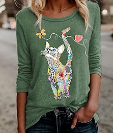 levne -Dámské tričko s dlouhým rukávem Květinový grafický kočka Vintage Stylové Klasické tričko s dlouhým rukávem Crew Neck Pravidelné topy Každodenní potisk Černá Modrá Zelená Jaro Podzim Předpodzim