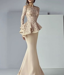 cheap -Mermaid Mother of the Bride Dress Formal Wedding Guest Elegant Scoop Neck Floor Length Lace Stretch Fabric Long Sleeve with Ruffles Appliques free custom size