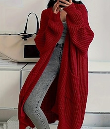 abordables -Femmes Pull Cardigan Mode Streetwear Occasionnel Couleur Unie Côtelé Ouvert devant Avec Poches Tricoté manche longue Hauts Longs Tricoter Extérieur Quotidien Week-end Rouge vin Noir Automne Hiver