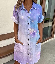 economico -Per donna Mini Abito Abito Camicia Vestito Casual Abito Stampato Moda Moderno Quotidiano Spiaggia Weekend Vestibilità regolare Floreale Manica Corta Colletto a Camicia Viola Estate Primavera Autunno
