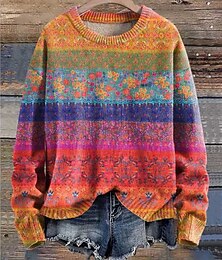 billiga -Dam Tröja Ledigt Mjukt Blommig Grafisk Ribbad Rund hals Stickat Mönster Långärmad Vanliga toppar Sticka Utomhus Dagligen Helgen Rodnande Rosa Fuchsia Höst Vinter