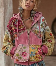 abordables -Sudadera con capucha de hombre bohemio vintage con impresión 3D sudadera de mezcla sudadera floral con cremallera moda vintage casual de manga larga con capucha uso diario urbano mezcla bolsillo de