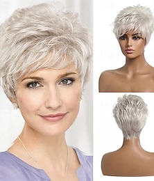 economico -parrucche corte grigio argento per donne parrucca taglio pixie con frangia capelli naturali per uso quotidiano