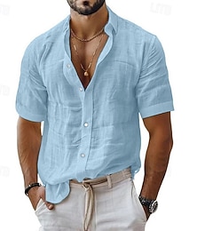 preiswerte -Herren Hemd Leinenhemd Freizeithemd Knopfhemd Baumwollhemd Einfach Urlaub Straße Schwarz Weiß Rosa Blau Kurzarm Umlegekragen Sommer Bekleidung