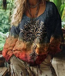 levne -Dámská halenka s grafickým potiskem vintage denní ležérní dlouhý rukáv výstřih do V regular topy kmenové strom života vintage designer dovolená ulice na procházku denní prázdniny potisk žlutá fialová fuchsiová léto jaro podzim