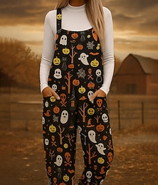 abordables -Combinaison d'Halloween 100 % coton pour femme, légère, motif floral, fantôme, sans manches, col rond droit, poche, vacances, quotidien, coupe ample, noir, blanc, orange, été