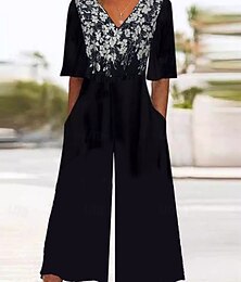 ieftine -Pentru femei Normal Salopete Activ Floral Lungime Manșon 3/4 Picior Larg În V Talie Înaltă Vacanță Zilnic Fit regulat Negru Roșu-aprins Albastru piscină Vară