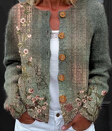 economico -Maglione Cardigan da Donna In Maglia A Coste Con Bottoni Davanti Collo Rotondo Maniche Lunghe Leggero Casual Con Stampa Floreale Colori Rosso Verde Primavera Autunno