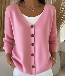 abordables -Femmes Pull Cardigan Élégant Mode Streetwear Couleur Unie Col en V Tricoté manche longue Hauts Réguliers Tricoter Extérieur Quotidien Week-end Rose vif Noir Printemps Automne