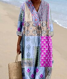 economico -Per donna Abito Midi Vestito Casual Vestito Estivo Abito a trapezio Vacanza Casual Boho Feste Ferie Spiaggia Vestibilità comoda Floreale Grafico Astratto Manica Lunga Scollo a V Rosa chiaro Verde